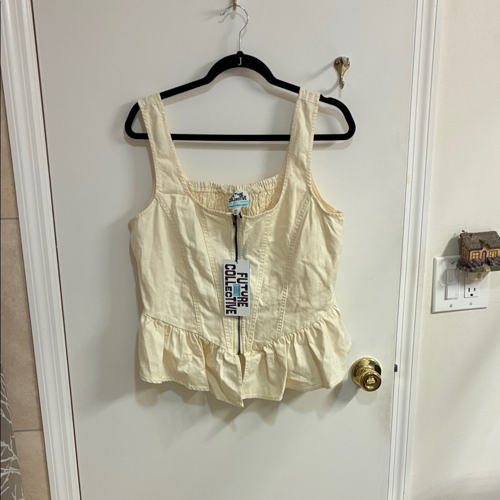 NWT Future Collective Cream 100% Organic Cotton Peplum Blouse Sz L